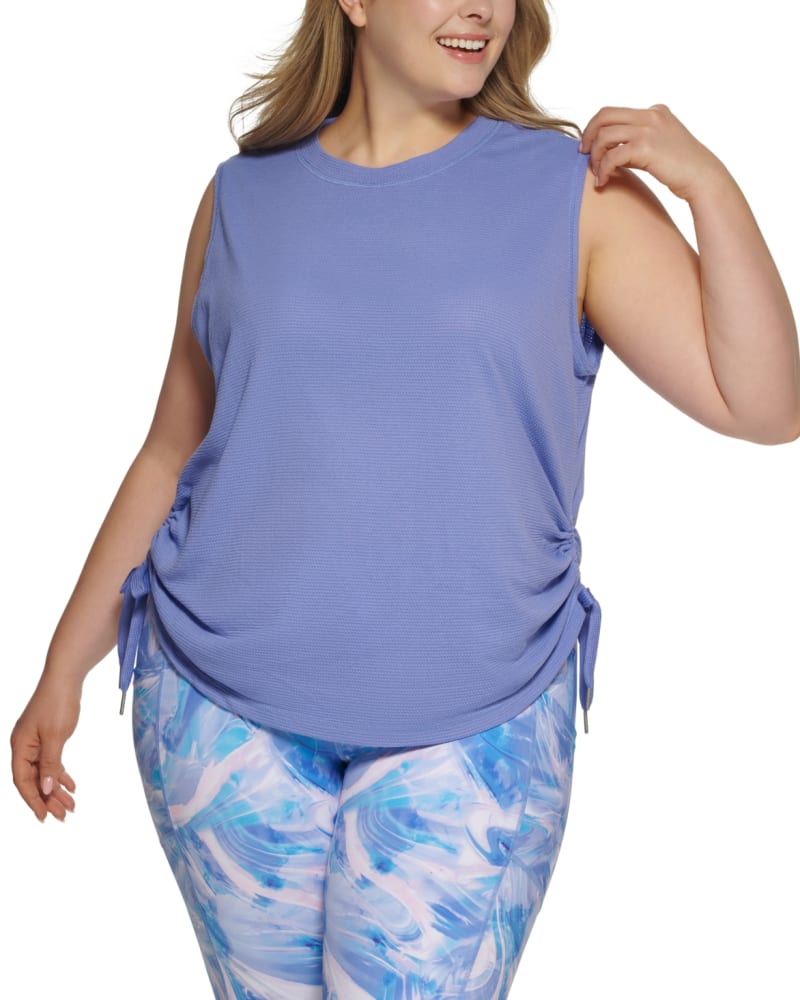 Front of a model wearing a size 3X Calvin Klein Women's Performance Plus Tie Hem Tank Top Purple Size 3X in Purple by Calvin Klein. | dia_product_style_image_id:311146